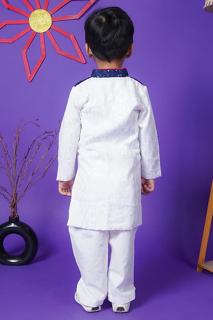 Blue & White Georgette Embroidered Kurta Set For Boys by Fashion Totz at Pernia's Pop Up Shop