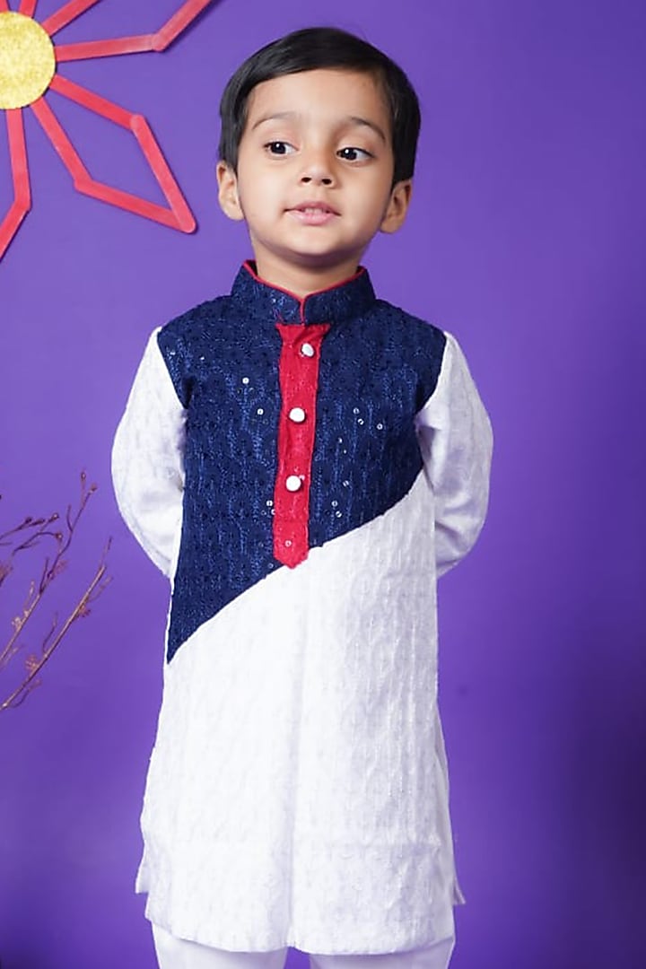 Blue & White Georgette Embroidered Kurta Set For Boys by Fashion Totz at Pernia's Pop Up Shop