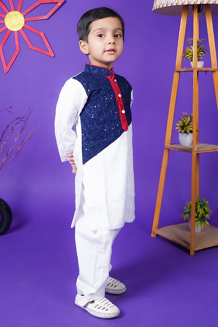 Blue & White Georgette Embroidered Kurta Set For Boys by Fashion Totz at Pernia's Pop Up Shop