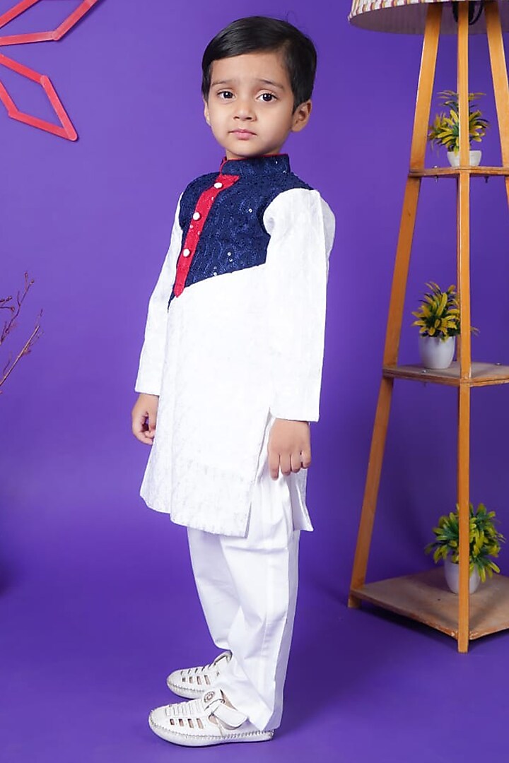 Blue & White Georgette Embroidered Kurta Set For Boys by Fashion Totz at Pernia's Pop Up Shop