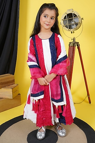 Multi-Colored Cotton Embroidered Anarkali Set For Girls by Fashion Totz