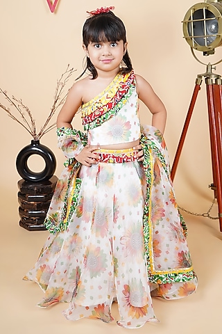 White Organza Printed Lehenga Set For Girls by Fashion Totz