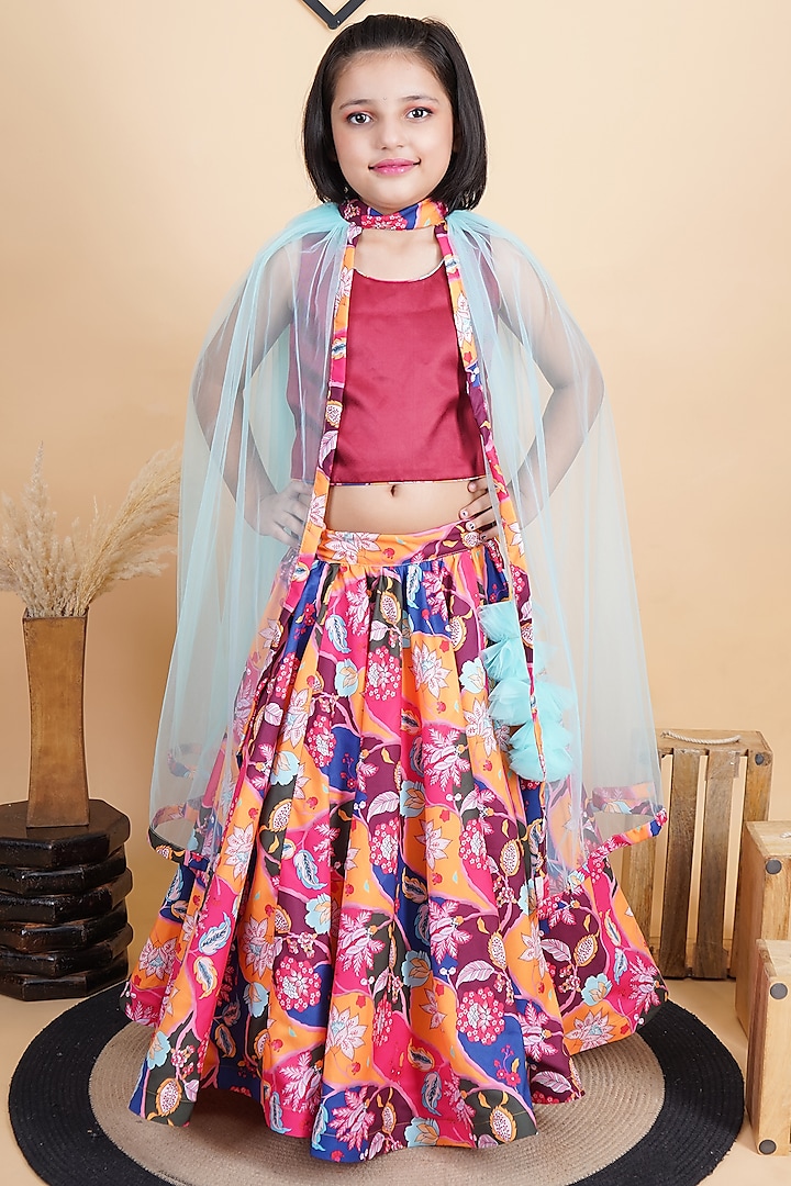 Multi-Colored Satin & Cotton Printed Lehenga Set For Girls by Fashion Totz at Pernia's Pop Up Shop