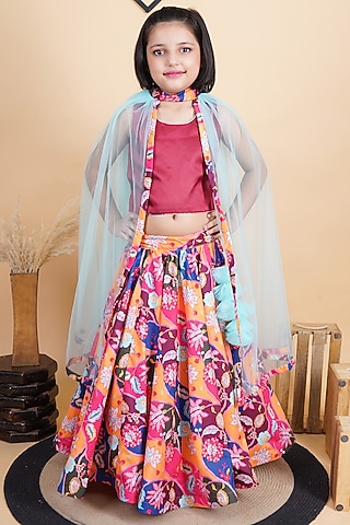 Multi-Colored Satin & Cotton Printed Lehenga Set For Girls by Fashion Totz