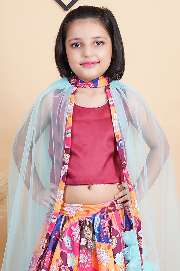 Multi-Colored Satin & Cotton Printed Lehenga Set For Girls by Fashion Totz at Pernia's Pop Up Shop