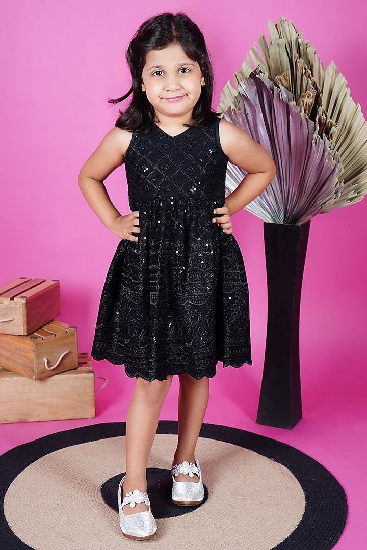 Black Rayon Embroidered Dress For Girls by Fashion Totz  at Pernia's Pop Up Shop