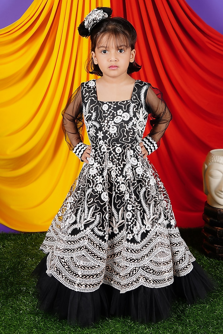 Black Net Embroidered Gown For Girls by Fashion Totz  at Pernia's Pop Up Shop