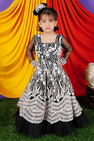 Black Net Embroidered Gown For Girls by Fashion Totz 