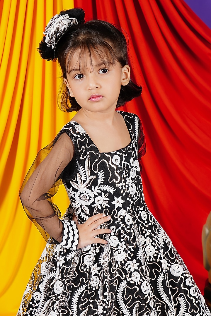 Black Net Embroidered Gown For Girls by Fashion Totz  at Pernia's Pop Up Shop