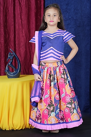 Blue Taffeta Printed Lehenga Set For Girls by Fashion Totz 