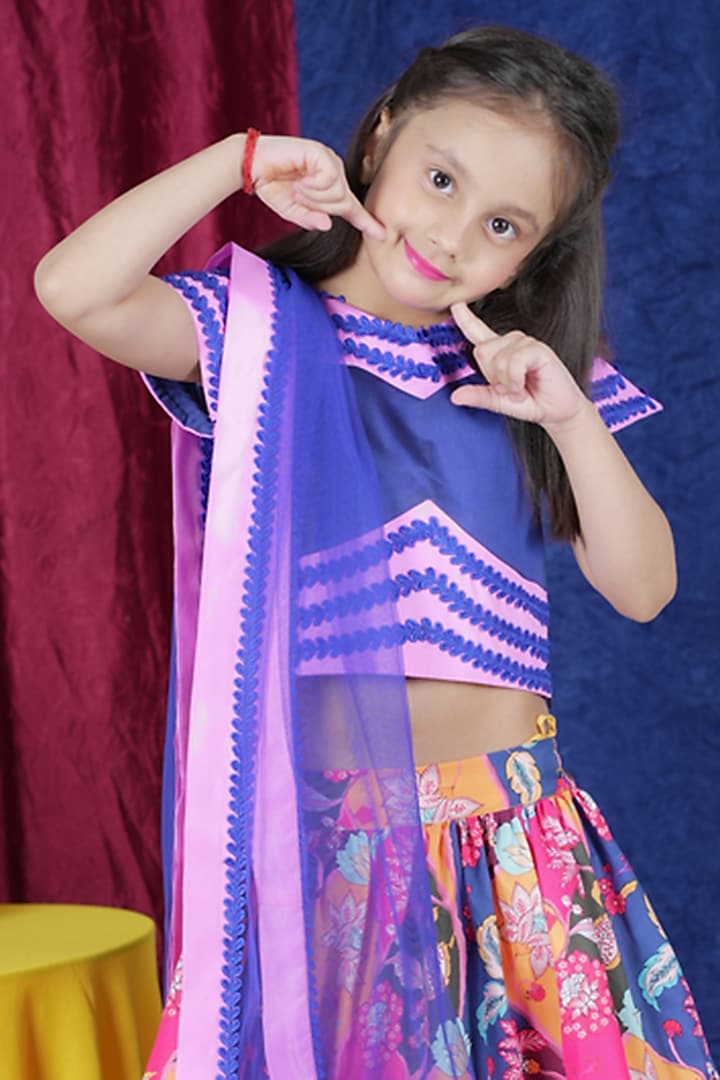 Blue Taffeta Printed Lehenga Set For Girls by Fashion Totz  at Pernia's Pop Up Shop