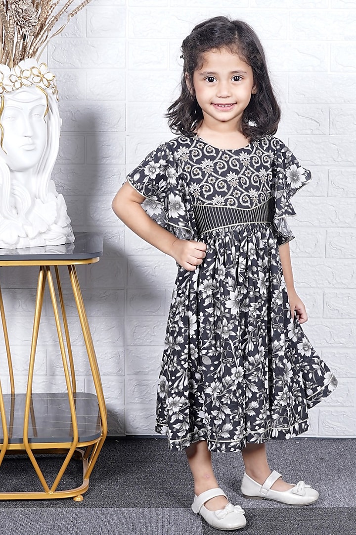 Black Cotton Printed Dress For Girls by Fashion Totz  at Pernia's Pop Up Shop