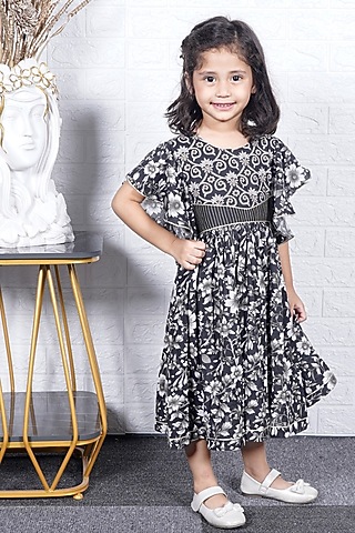 Black Cotton Printed Dress For Girls by Fashion Totz 