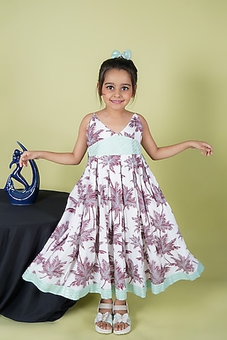 White Rayon Printed Dress For Girls by Fashion Totz 