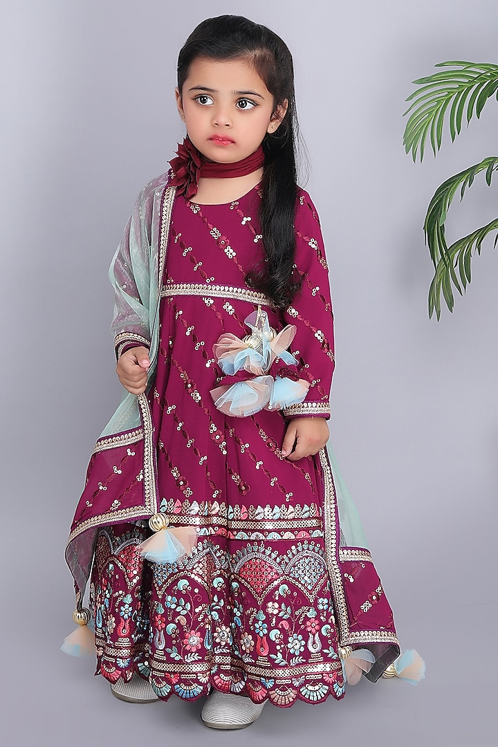 Wine Georgette & Organza Printed Anarkali Set For Girls by Fashion Totz  at Pernia's Pop Up Shop