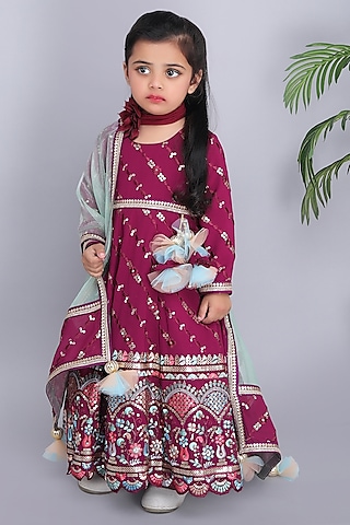 Wine Georgette & Organza Printed Anarkali Set For Girls by Fashion Totz 