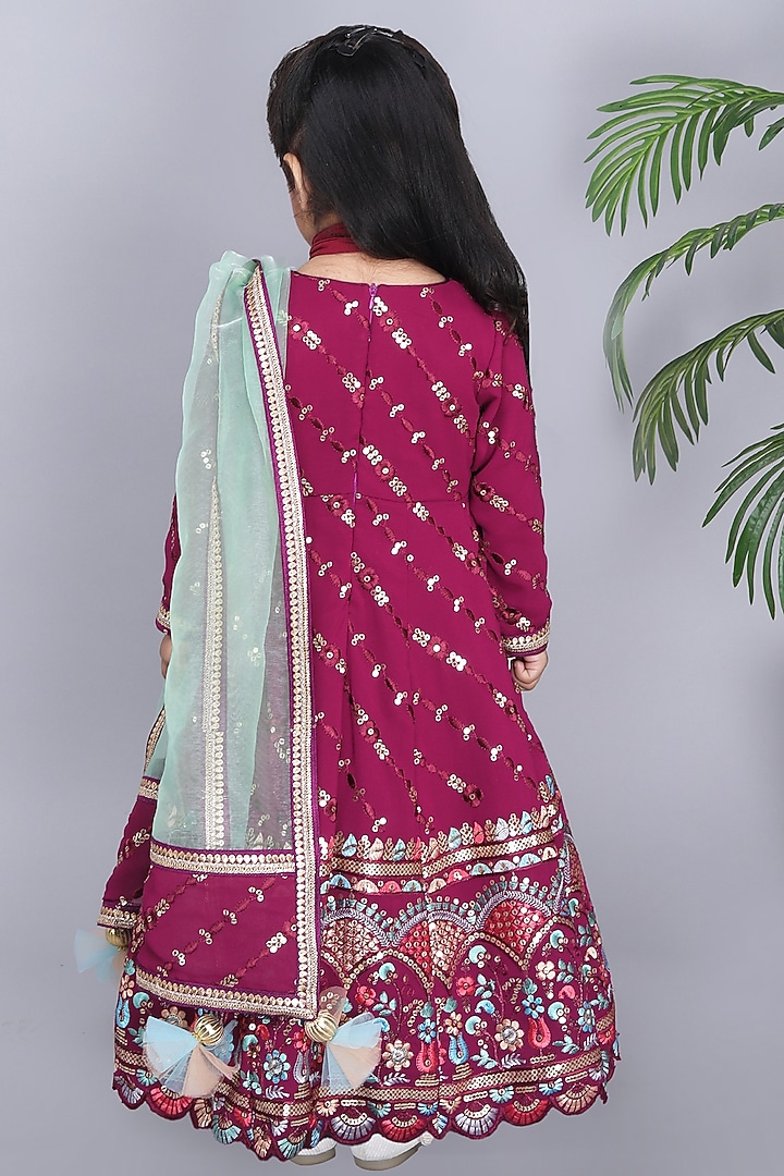 Wine Georgette & Organza Printed Anarkali Set For Girls by Fashion Totz at Pernia's Pop Up Shop