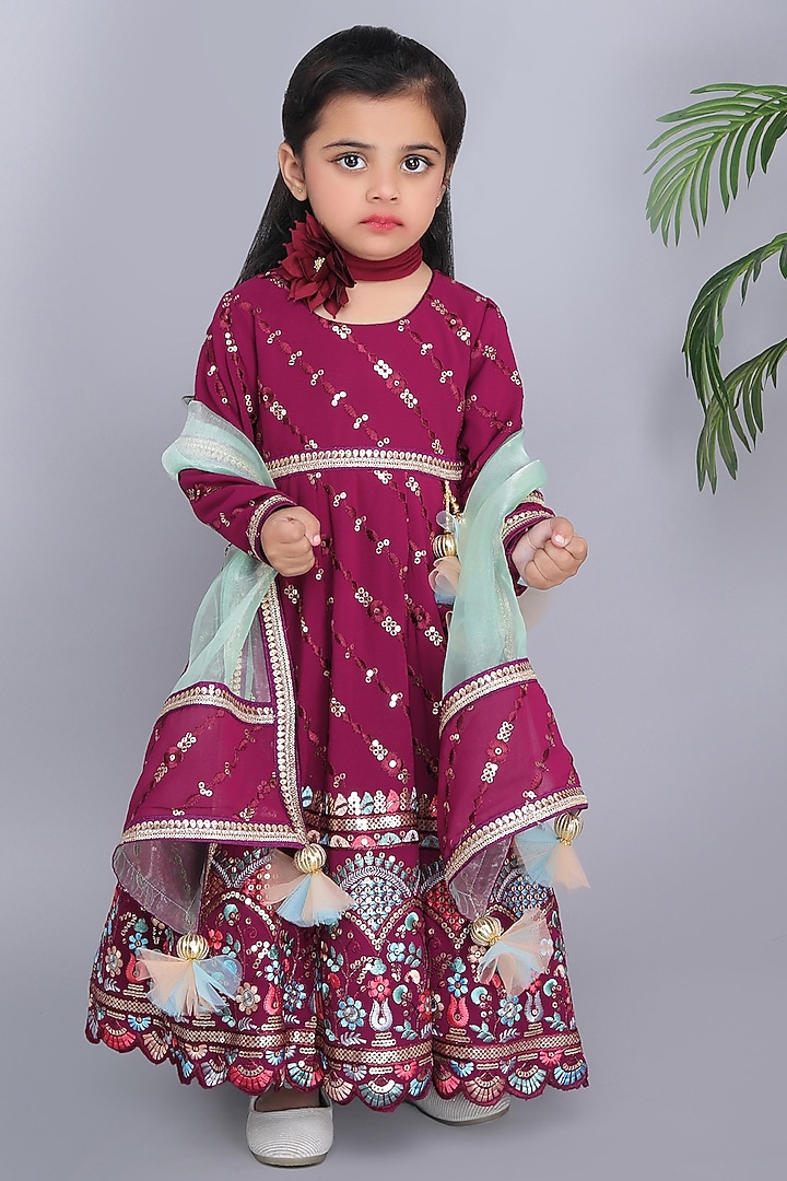 Wine Georgette & Organza Printed Anarkali Set For Girls by Fashion Totz at Pernia's Pop Up Shop