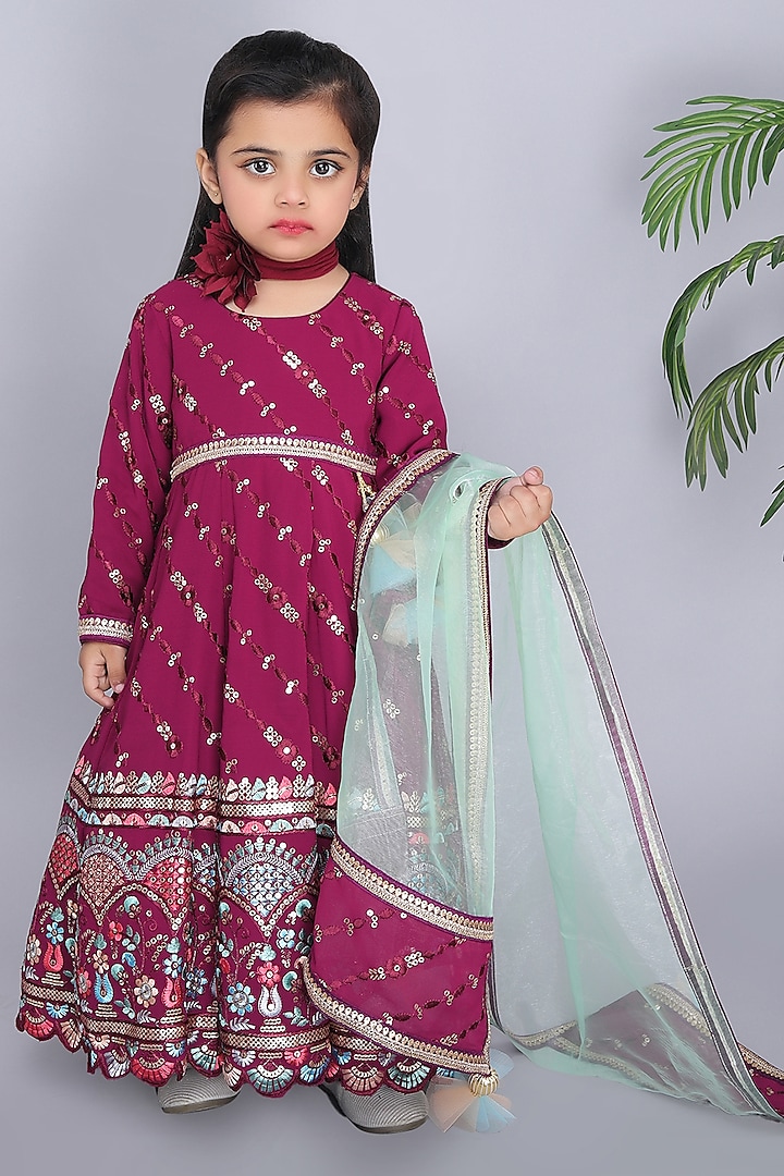 Wine Georgette & Organza Printed Anarkali Set For Girls by Fashion Totz at Pernia's Pop Up Shop