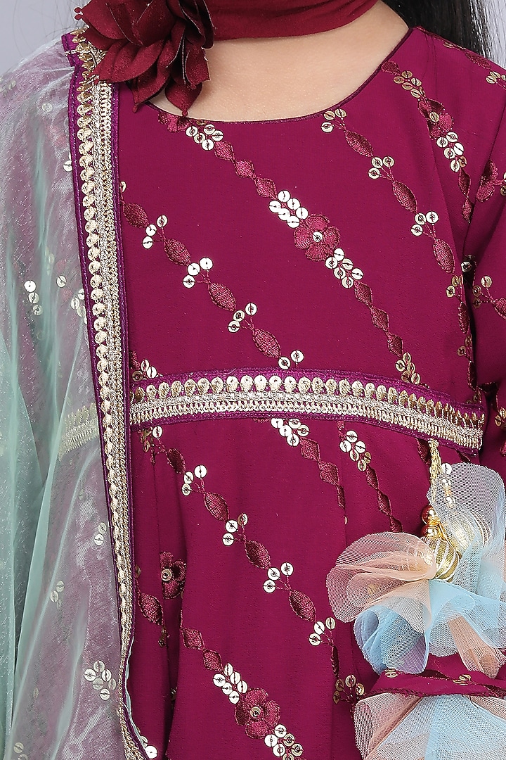 Wine Georgette & Organza Printed Anarkali Set For Girls by Fashion Totz at Pernia's Pop Up Shop