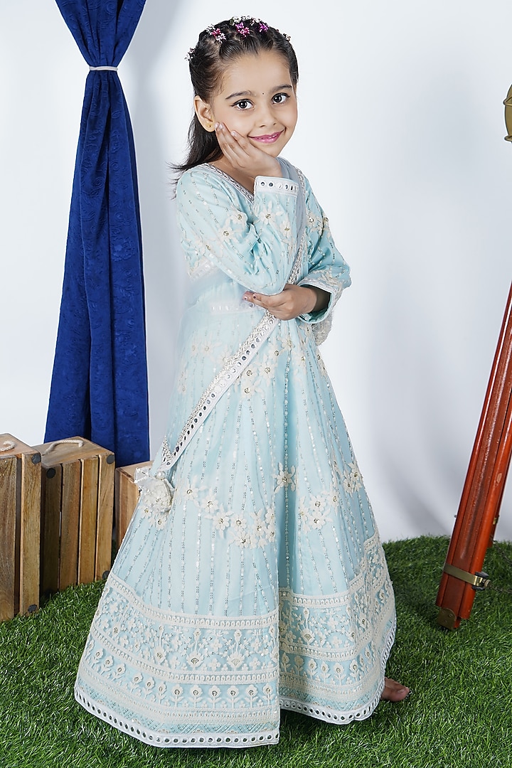 Sky Blue Net Lace Embroidered Anarkali Set For Girls by Fashion Totz  at Pernia's Pop Up Shop