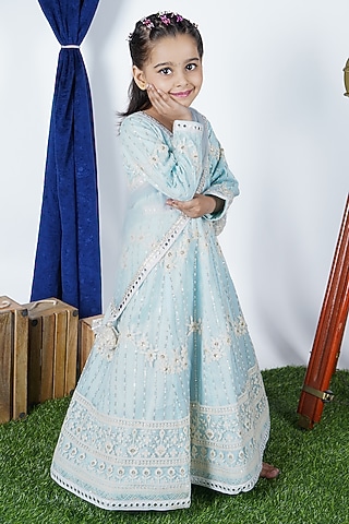 Sky Blue Net Lace Embroidered Anarkali Set For Girls by Fashion Totz 