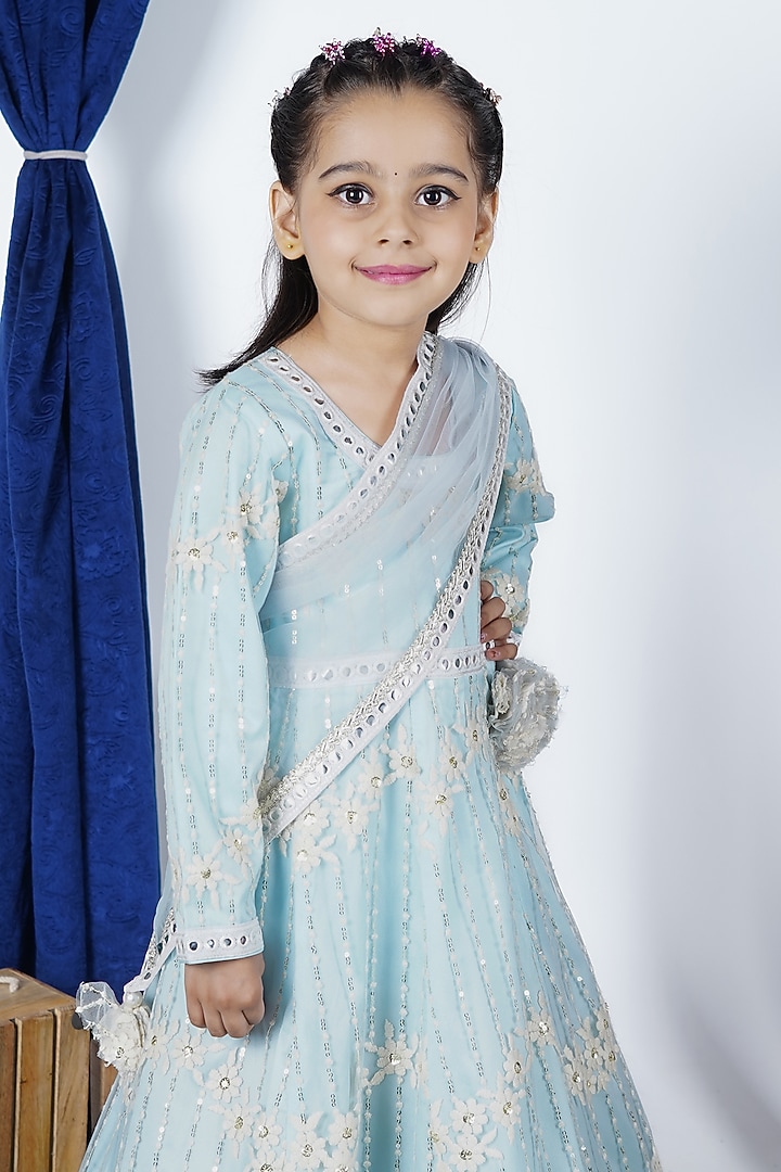 Sky Blue Net Lace Embroidered Anarkali Set For Girls by Fashion Totz  at Pernia's Pop Up Shop