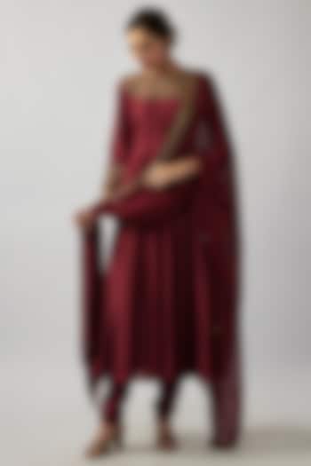 Red Russian Silk Sequin & Thread Embellished Anarkali Set by FATIZ