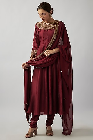 Red Russian Silk Sequin & Thread Embellished Anarkali Set by FATIZ