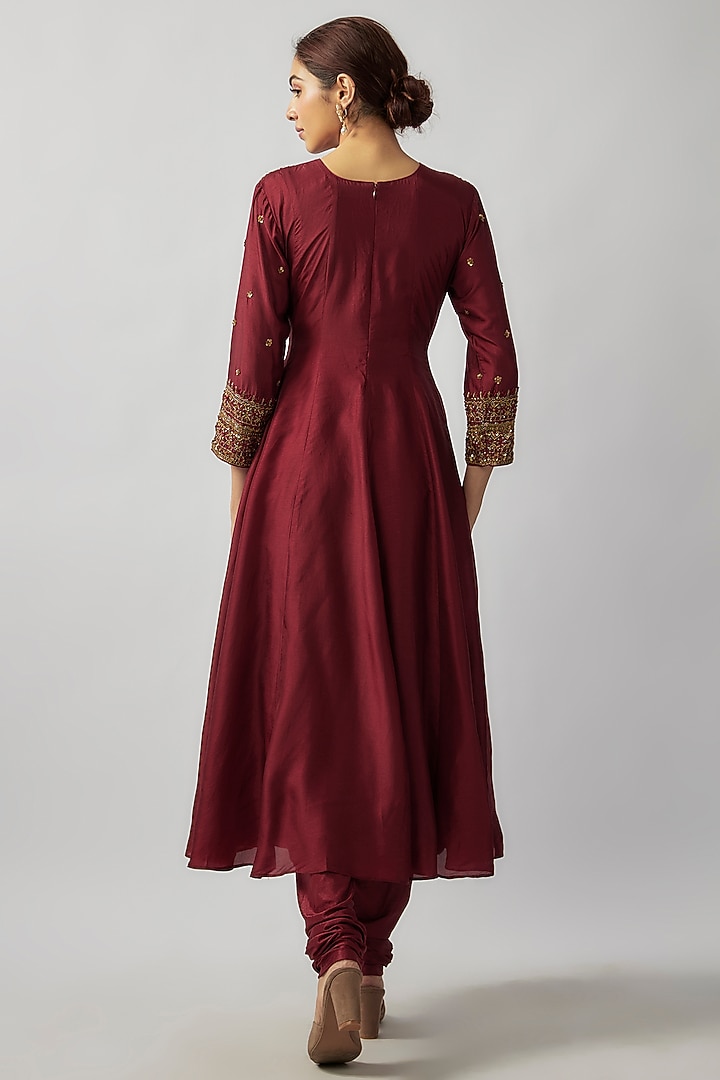 Red Russian Silk Sequin & Thread Embellished Party Wear Anarkali Set by FATIZ at Pernia's Pop Up Shop