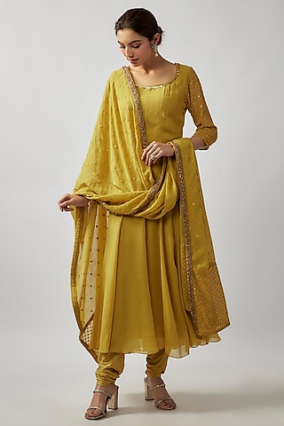 Yellow Georgette Sequin & Glass Bead Embellished Anarkali Set by FATIZ