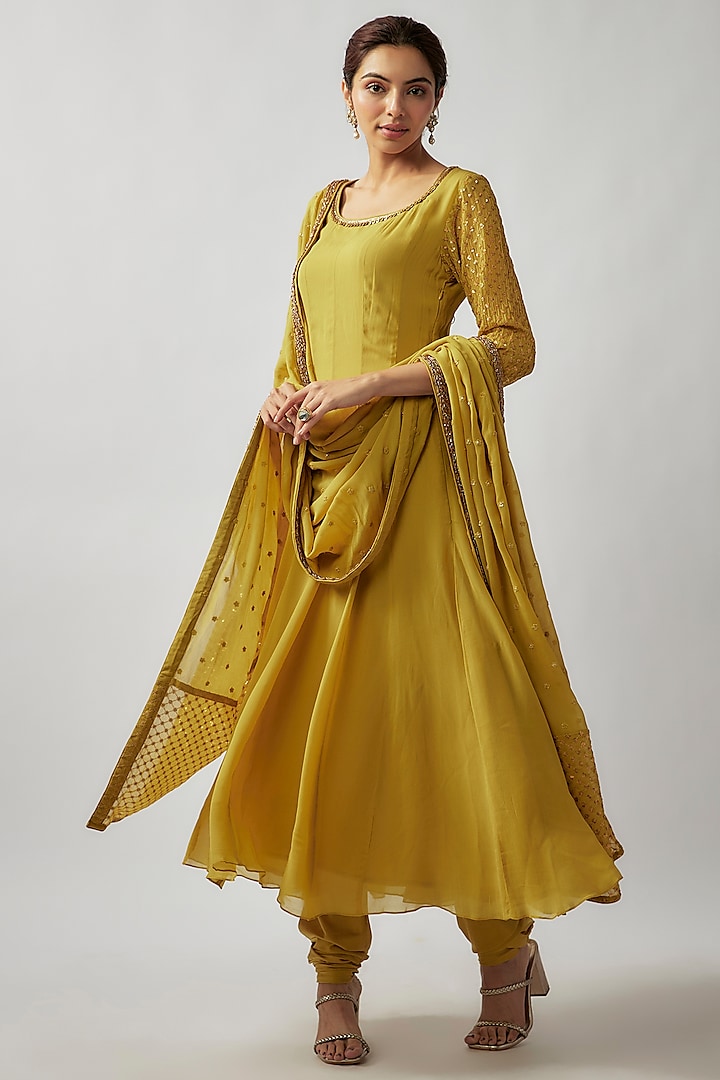 Yellow Georgette Sequin & Glass Bead Embellished Party Wear Anarkali Set by FATIZ at Pernia's Pop Up Shop