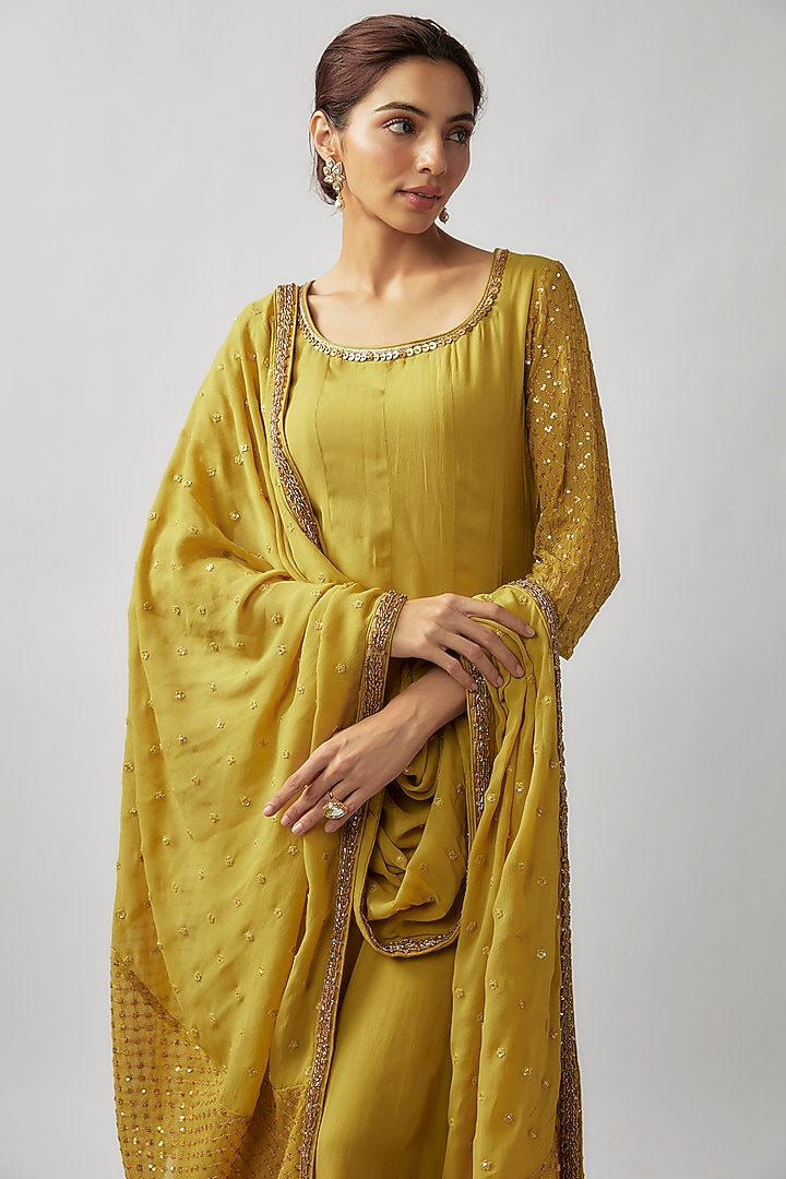 Yellow Georgette Sequin & Glass Bead Embellished Party Wear Anarkali Set by FATIZ at Pernia's Pop Up Shop