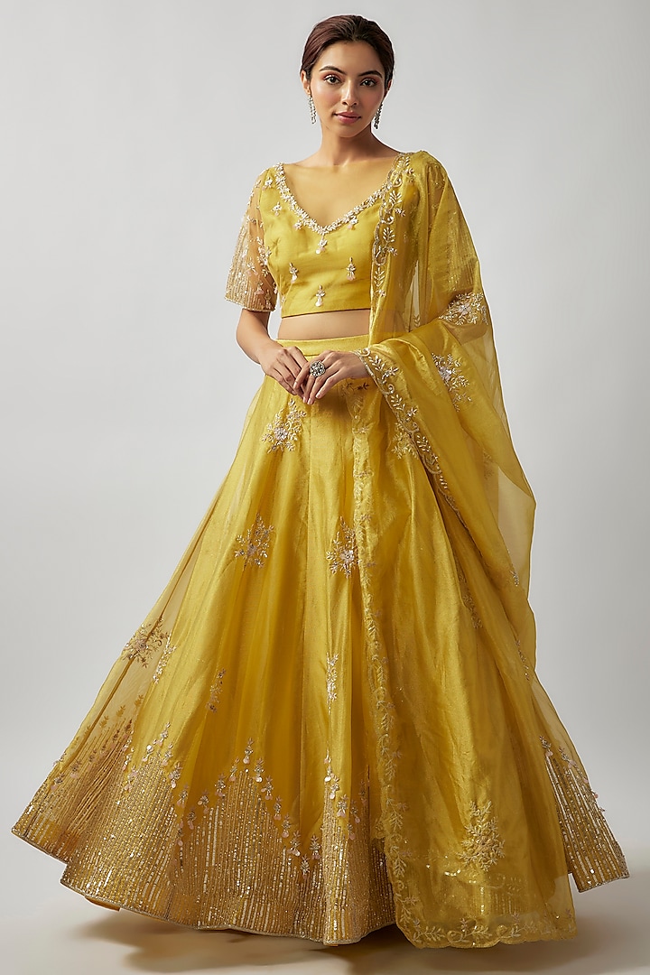 Yellow Tissue Georgette Sequin & Cutbead Embellished Lehenga Set by FATIZ