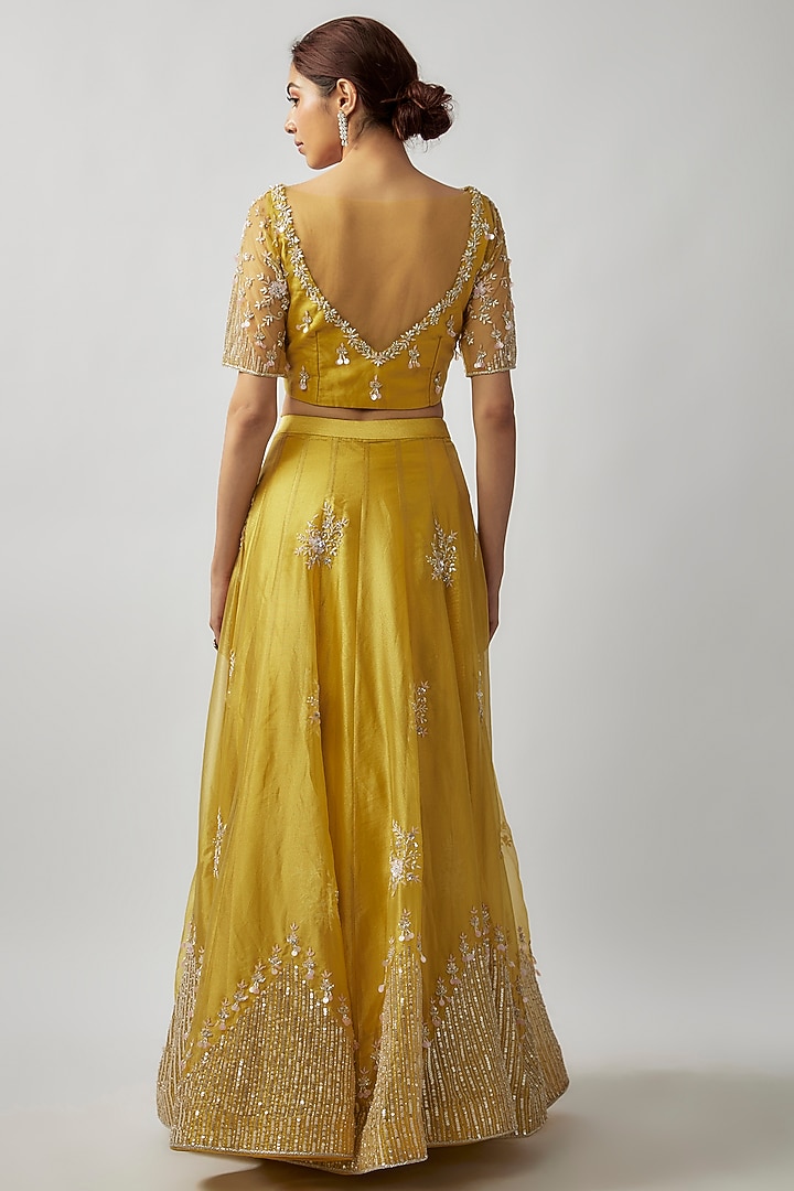Yellow Tissue Georgette Sequin & Cutbead Embellished Wedding Lehenga Set by FATIZ at Pernia's Pop Up Shop