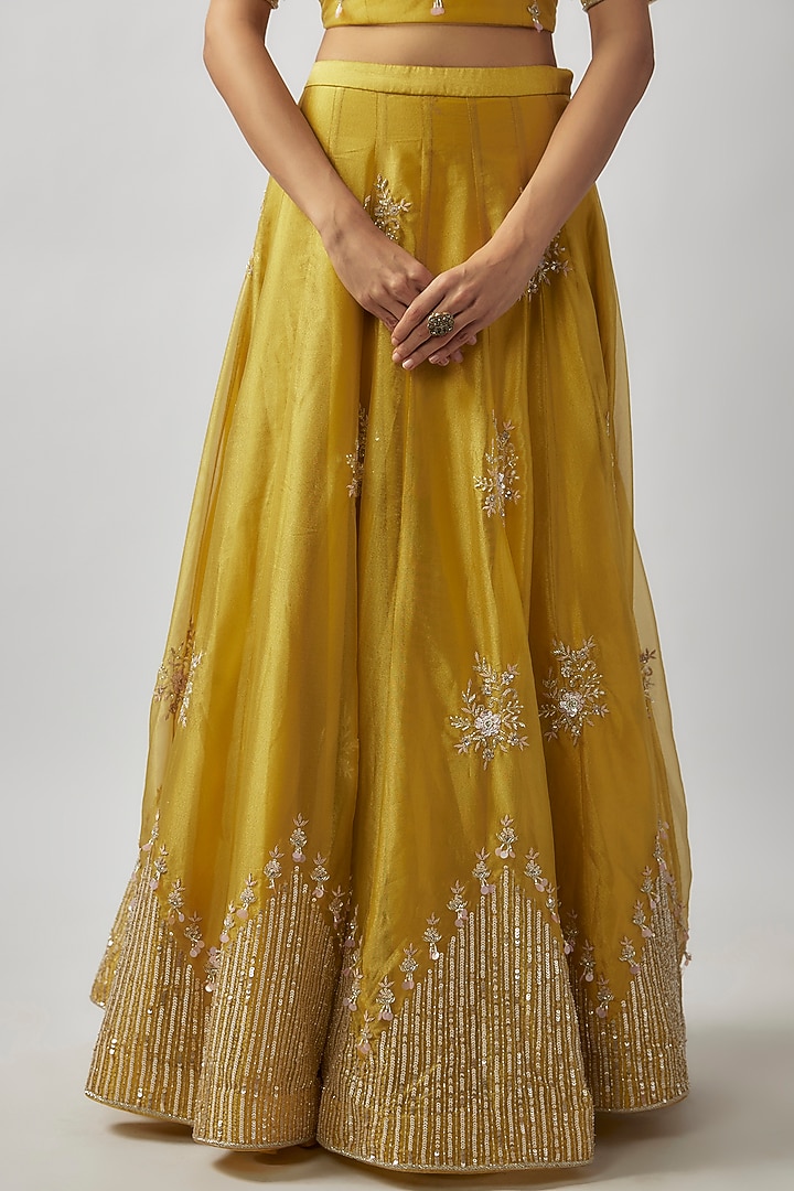 Yellow Tissue Georgette Sequin & Cutbead Embellished Wedding Lehenga Set by FATIZ at Pernia's Pop Up Shop