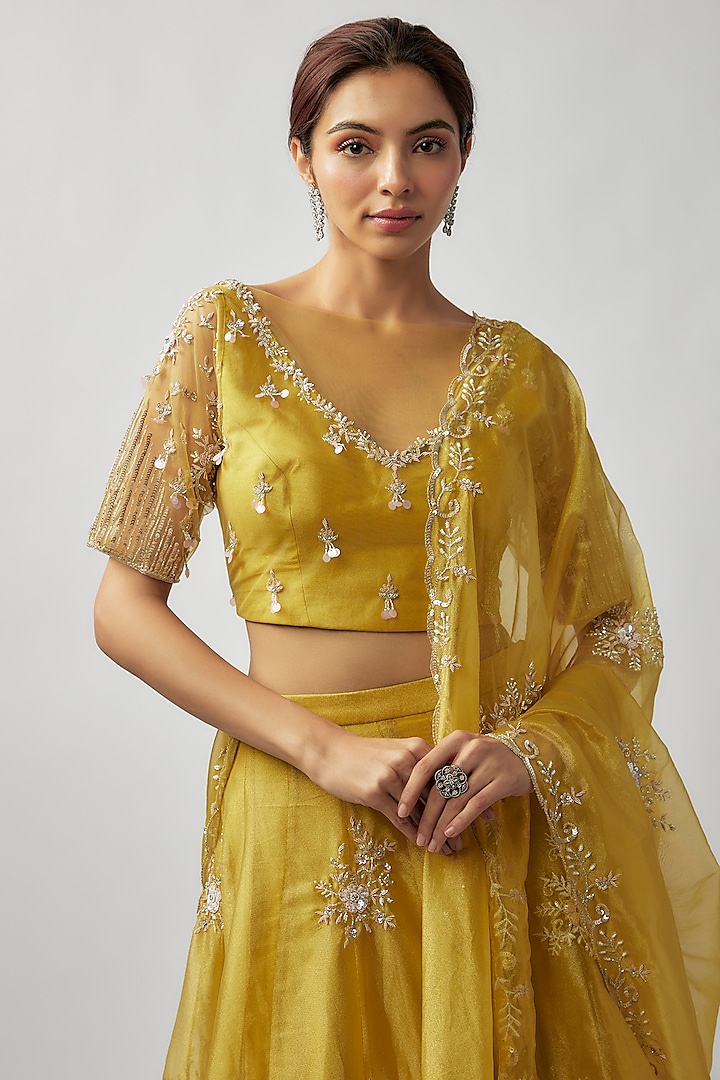 Yellow Tissue Georgette Sequin & Cutbead Embellished Wedding Lehenga Set by FATIZ at Pernia's Pop Up Shop