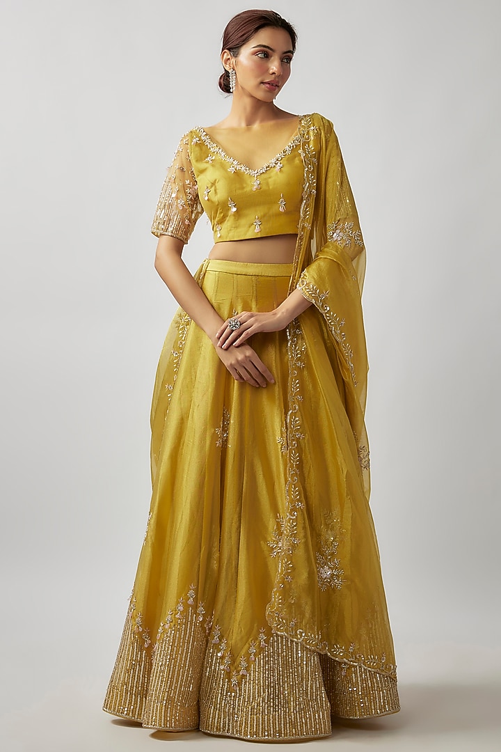 Yellow Tissue Georgette Sequin & Cutbead Embellished Wedding Lehenga Set by FATIZ at Pernia's Pop Up Shop