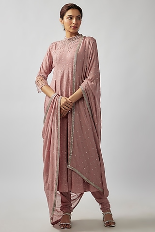 Blush Pink Georgette Sequin & Glass Bead Embellished Anarkali Set by FATIZ