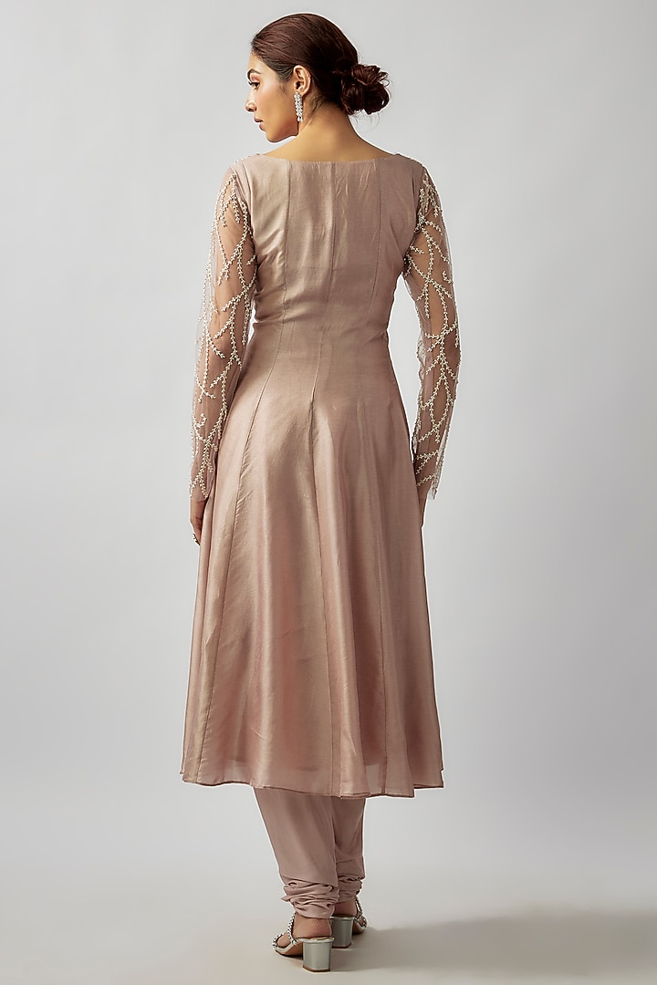 Dusty Rose Russian Silk Cut Bead & Pearl Embellished Party Wear Anarkali Set by FATIZ at Pernia's Pop Up Shop