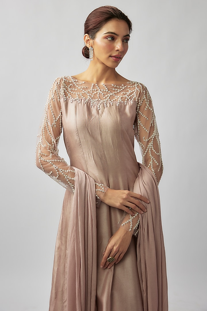 Dusty Rose Russian Silk Cut Bead & Pearl Embellished Party Wear Anarkali Set by FATIZ at Pernia's Pop Up Shop