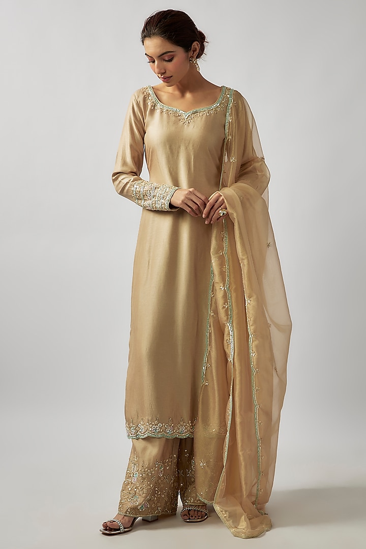 Champagne Gold Tissue Georgette Sequins Embellished Kurta Set by FATIZ at Pernia's Pop Up Shop