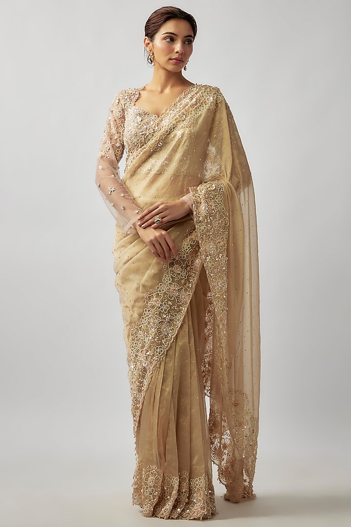 Champagne Gold Tissue Organza Crystal & Glass Bead Embellished Saree Set by FATIZ at Pernia's Pop Up Shop