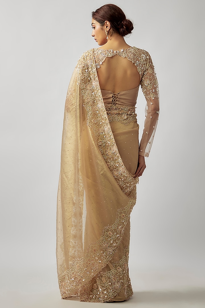 Champagne Gold Tissue Organza Crystal & Glass Bead Embellished Wedding Saree Set by FATIZ at Pernia's Pop Up Shop