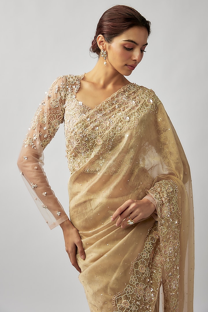 Champagne Gold Tissue Organza Crystal & Glass Bead Embellished Wedding Saree Set by FATIZ at Pernia's Pop Up Shop
