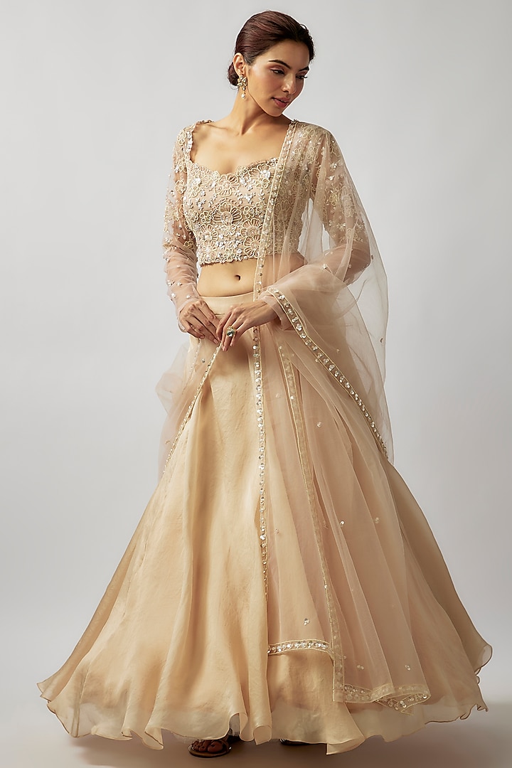 Beige Silk Organza Wedding Lehenga Set by FATIZ at Pernia's Pop Up Shop