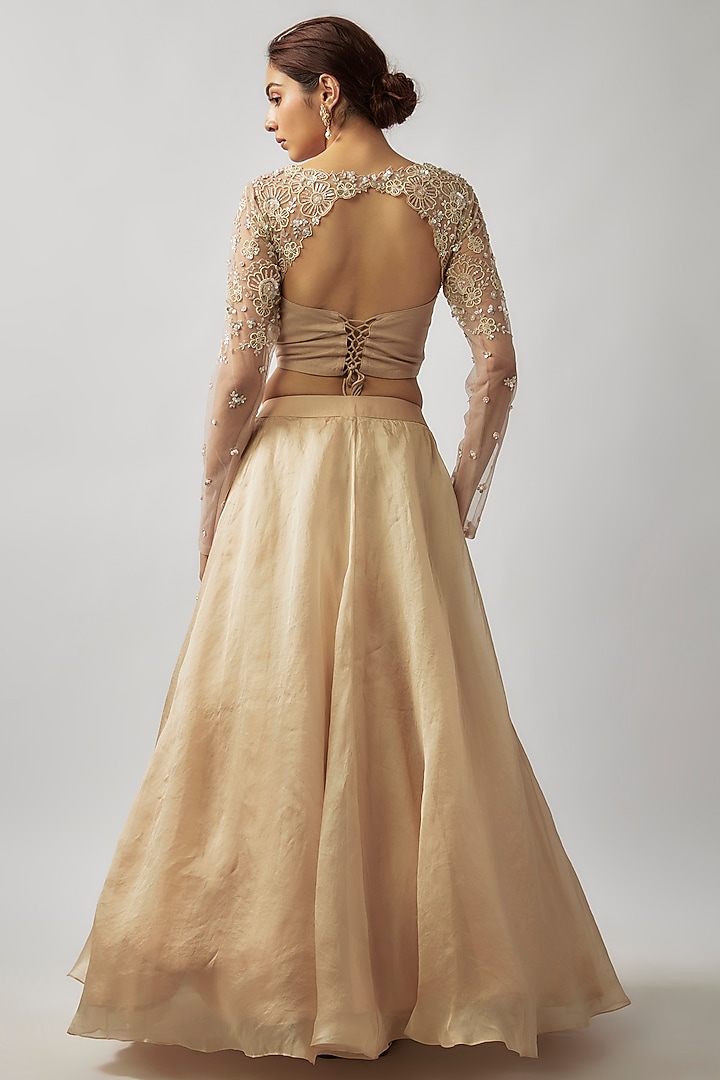 Beige Silk Organza Wedding Lehenga Set by FATIZ at Pernia's Pop Up Shop