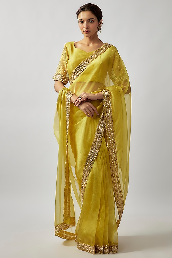 Yellow Tissue Organza Cutdana Embroidered Saree Set by FATIZ at Pernia's Pop Up Shop