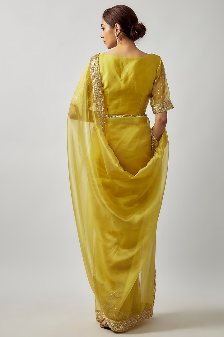 Yellow Tissue Organza Cutdana Embroidered Wedding Saree Set by FATIZ at Pernia's Pop Up Shop