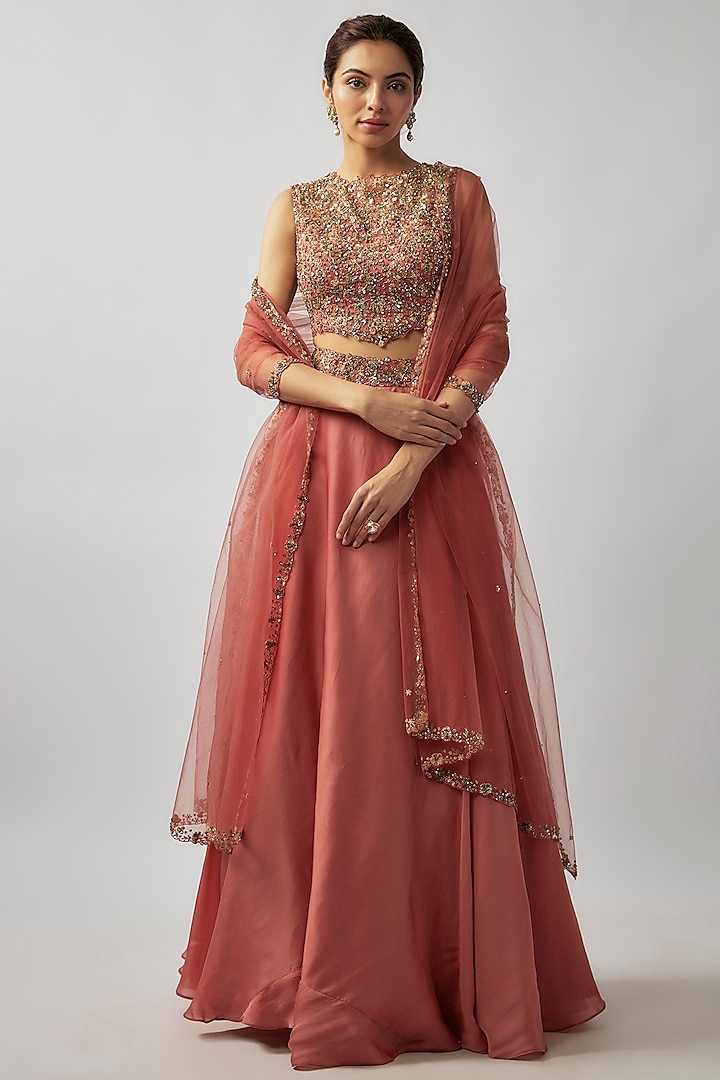 Carrot Pink Organza Zardosi Embroidered Handcrafted Wedding Lehenga Set by FATIZ at Pernia's Pop Up Shop